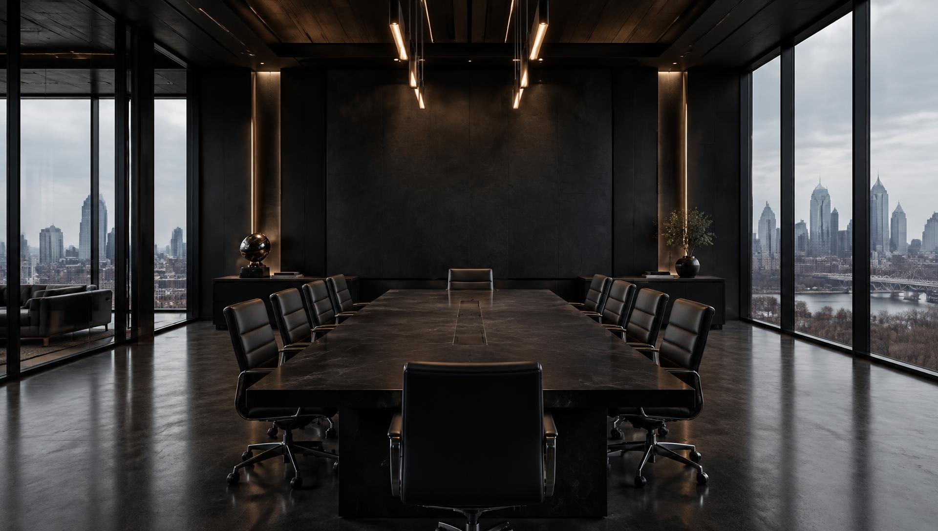 Dark executive conference room overlooking Philadelphia